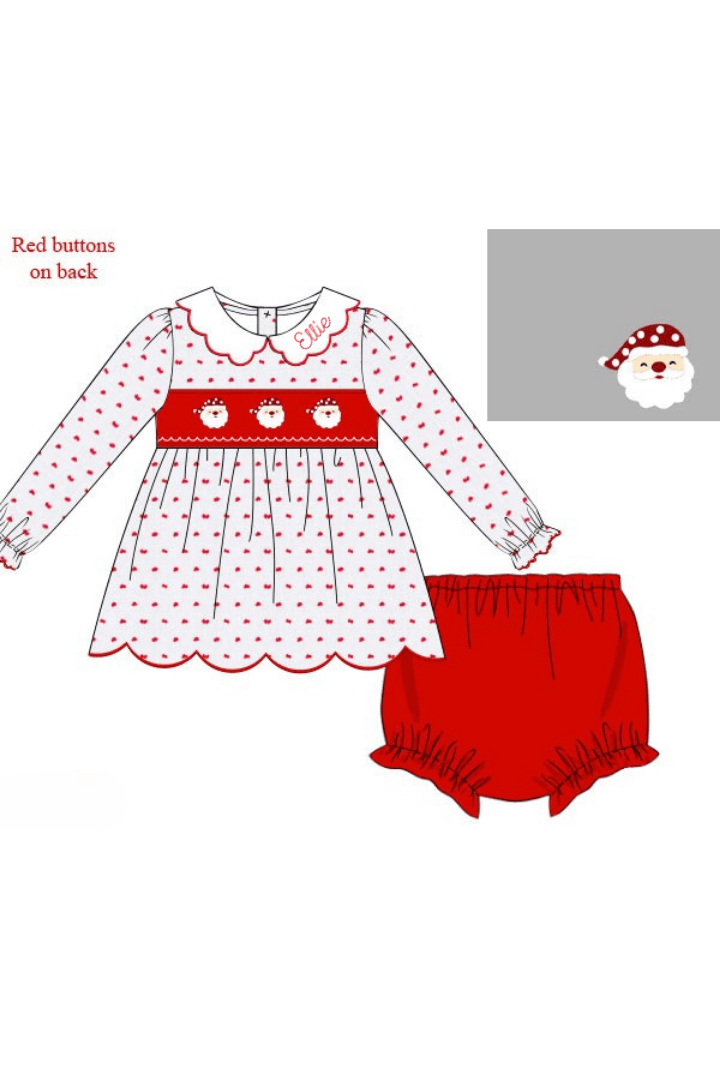 The Smocked Flamingo Apparel & Accessories Smocked Santa Red Swiss Dot Scalloped Bloomer Set