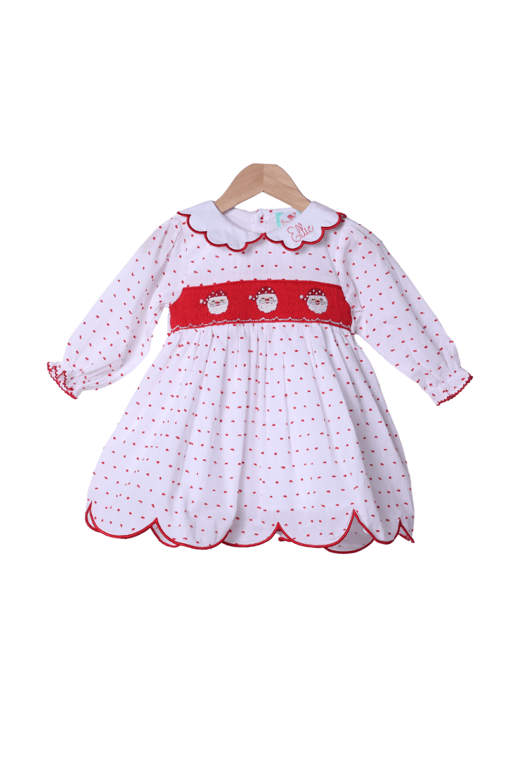 The Smocked Flamingo Apparel & Accessories Smocked Santa Red Swiss Dot Scalloped Dress