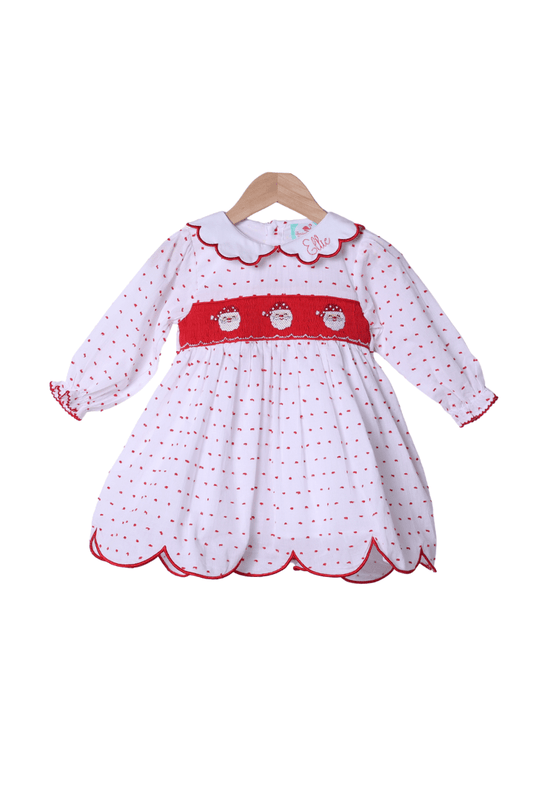 The Smocked Flamingo Apparel & Accessories Smocked Santa Red Swiss Dot Scalloped Dress