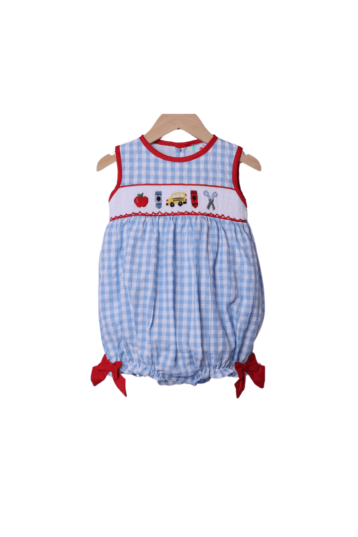 The Smocked Flamingo Apparel & Accessories Smocked School Bus Red/Blue Gingham Seersucker Bow Bubble