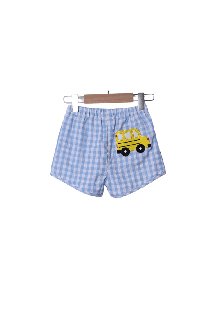 The Smocked Flamingo Apparel & Accessories Smocked School Bus Red/Blue Gingham Seersucker Short Set
