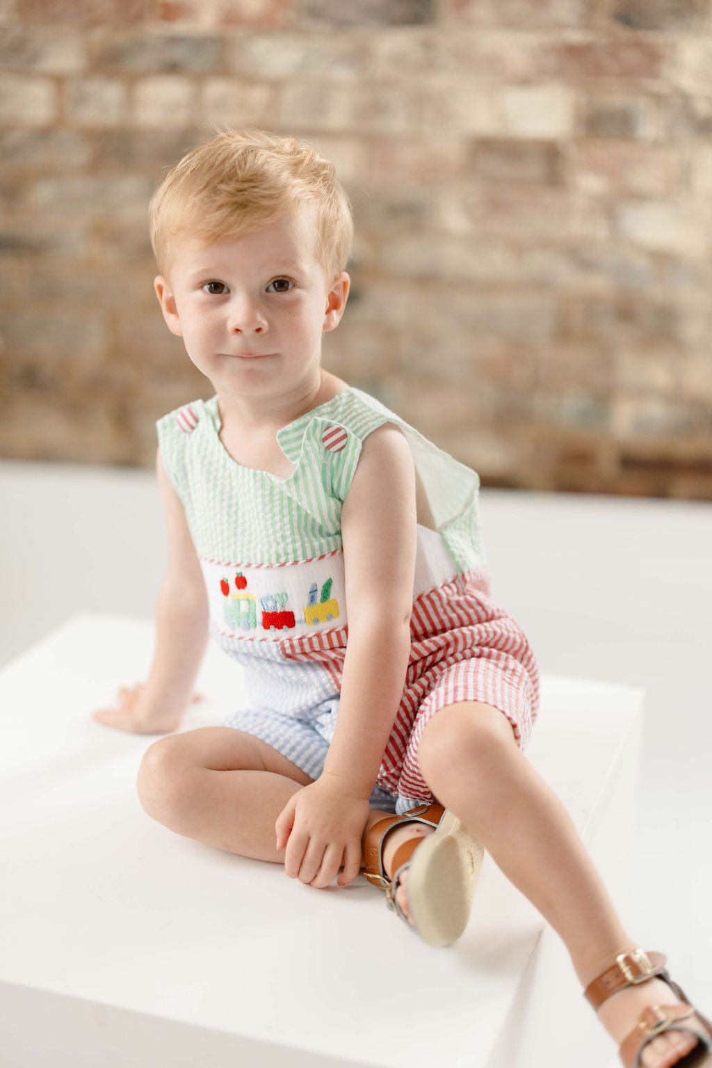 The Smocked Flamingo Apparel & Accessories Smocked School Train Color Block Seersucker Jon Jon