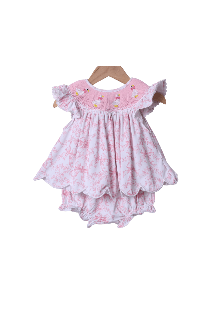 The Smocked Flamingo Apparel & Accessories Smocked Silly Goose Pink Bow Toile Bloomer Set