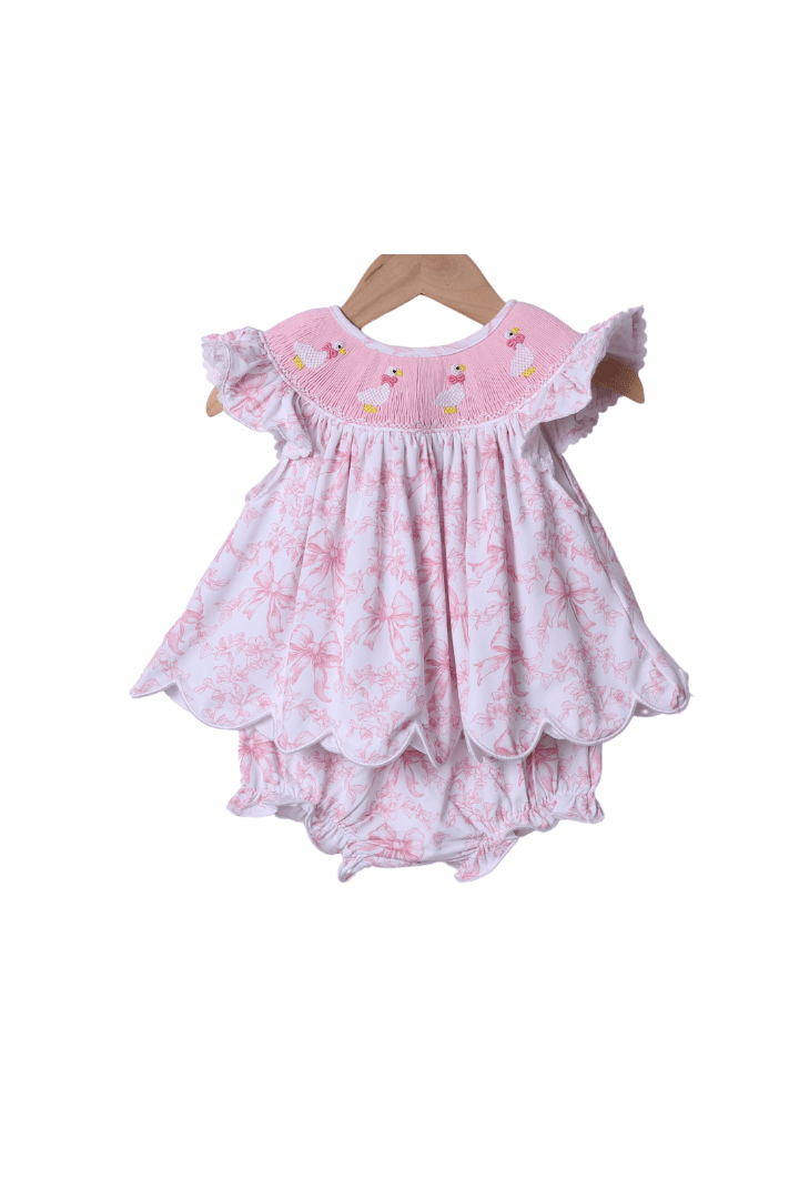 The Smocked Flamingo Apparel & Accessories Smocked Silly Goose Pink Bow Toile Bloomer Set