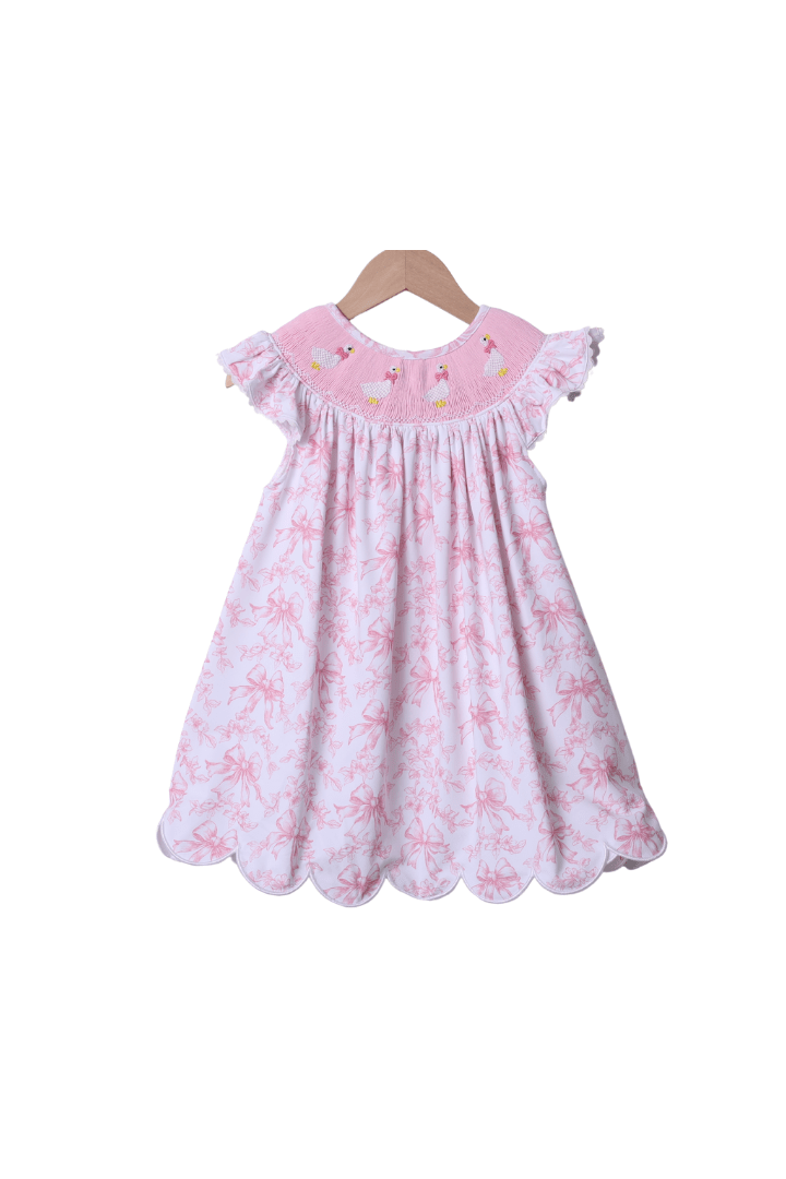 The Smocked Flamingo Apparel & Accessories Smocked Silly Goose Pink Bow Toile Dress