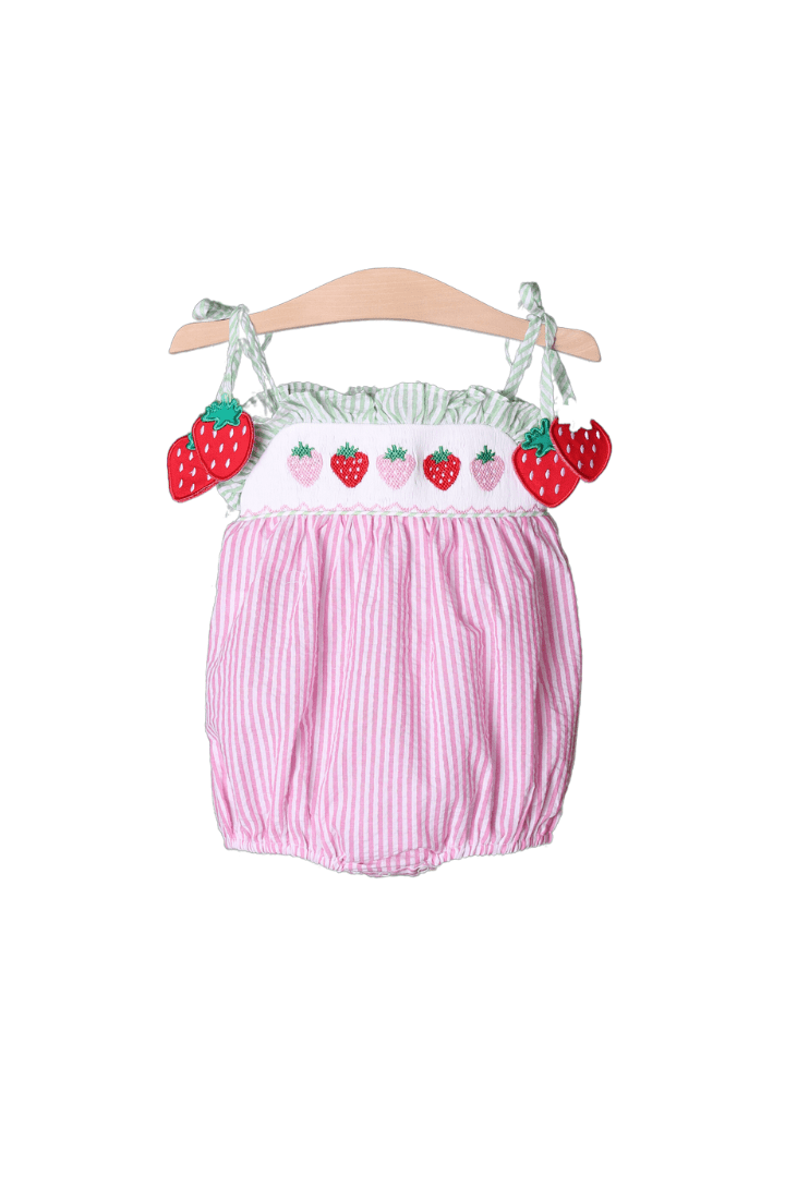 The Smocked Flamingo Apparel & Accessories Smocked Strawberry Pink/Green Seersucker Bubble