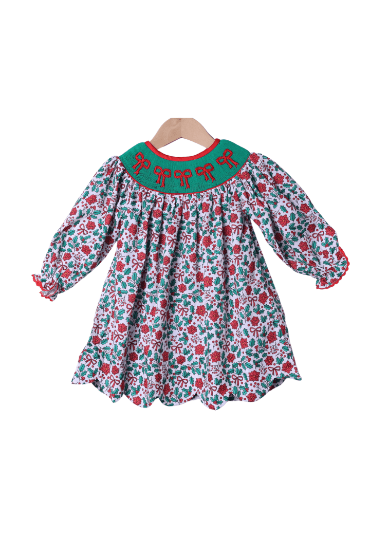 The Smocked Flamingo Apparel & Accessories Smocked Sweet Holly Bow Scalloped Dress