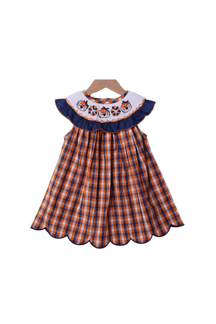 The Smocked Flamingo Apparel & Accessories Smocked Tigers Navy/Orange Gingham Dress
