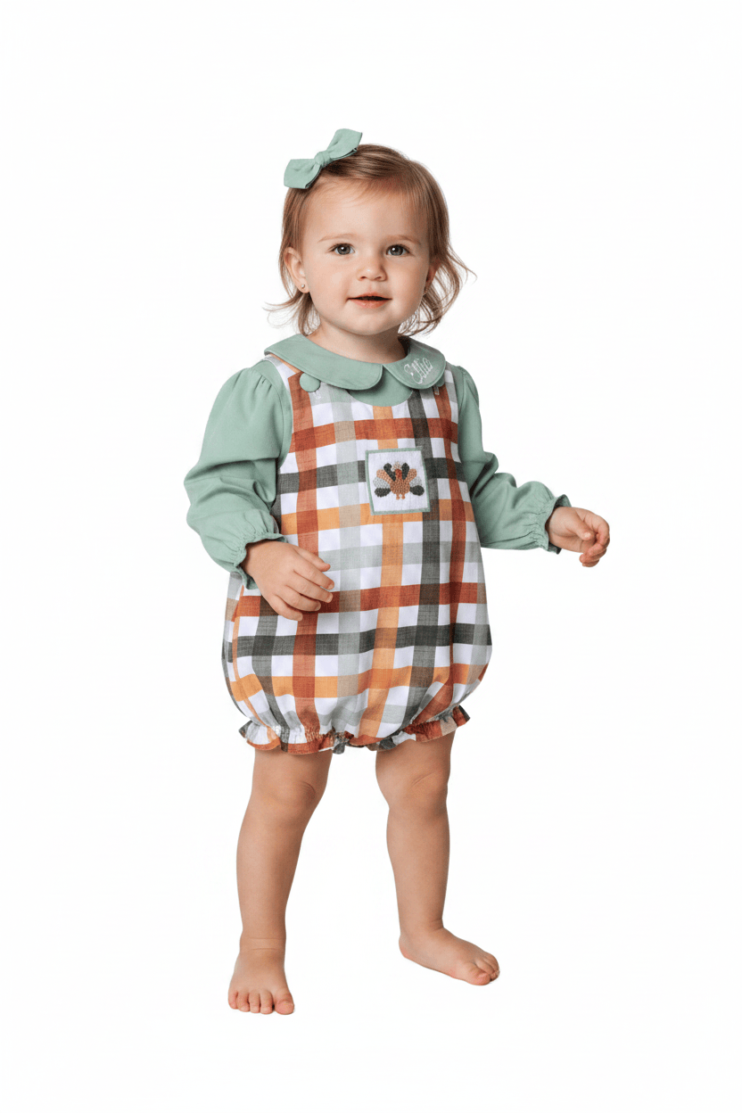 The Smocked Flamingo Apparel & Accessories Smocked Turkey Fall Plaid Bubble/Shirt