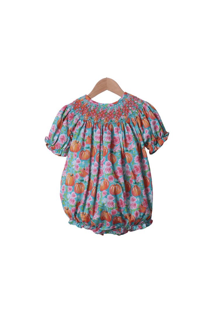 The Smocked Flamingo Apparel & Accessories Smocked Turquoise Heirloom Floral Pumpkin Bubble