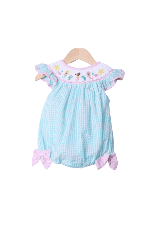 The Smocked Flamingo Apparel & Accessories Smocked Turquoise Seersucker Mermaid Bubble