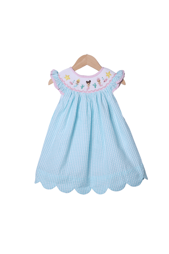 mermaid smocked dress Turquoise Seersucker 6 slightly stretchy of the Trending Light Blue Satin colourway-surroundsound Women's Clothing Size:UK 2 (XXS)