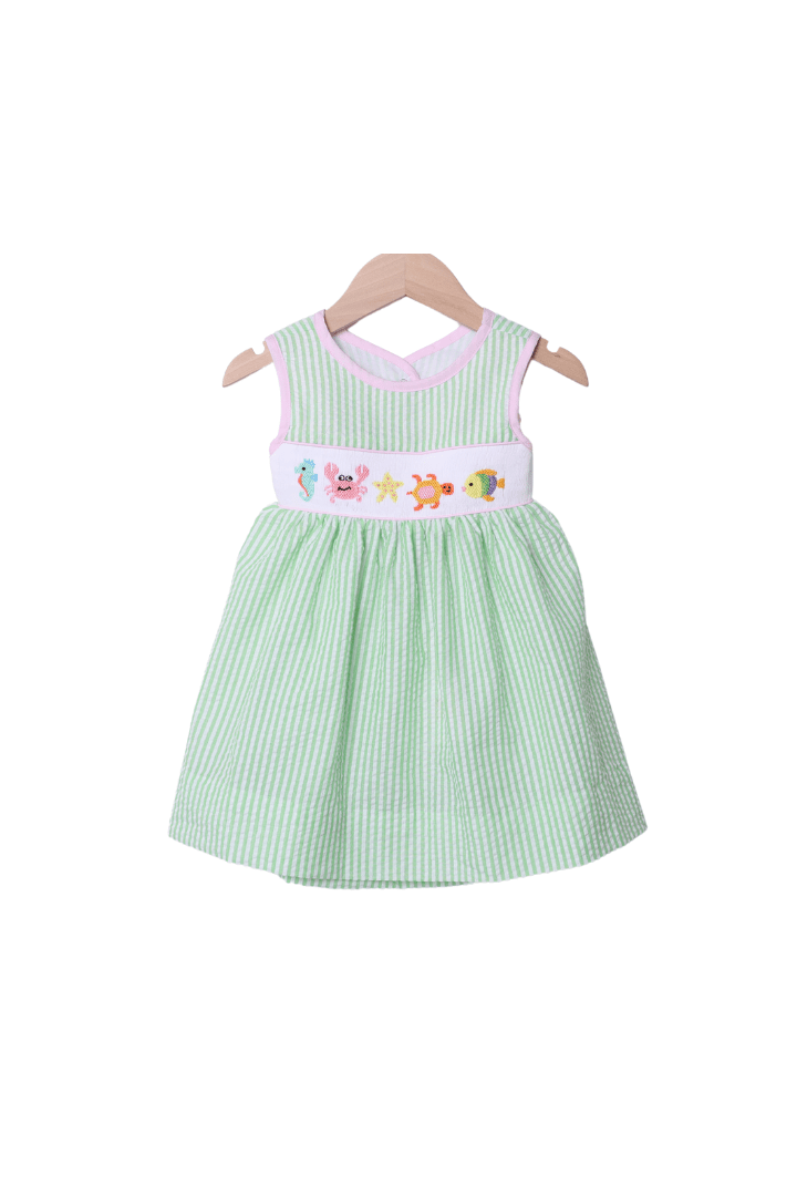 The Smocked Flamingo Apparel & Accessories Smocked Under The Sea Green Seersucker Dress