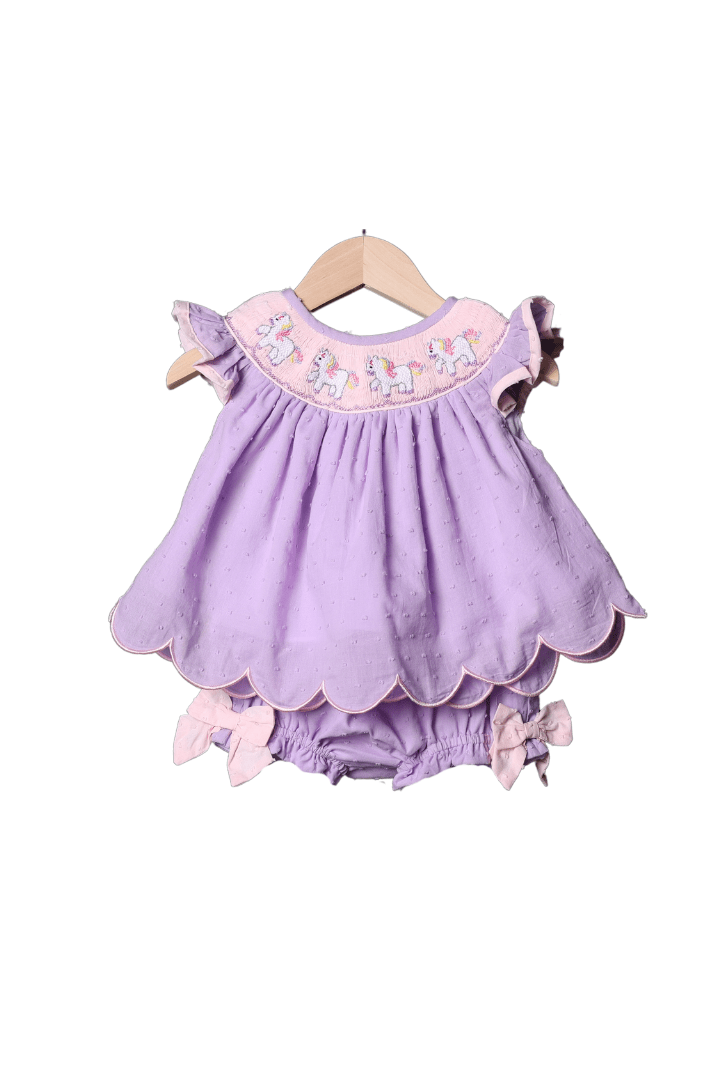 The Smocked Flamingo Apparel & Accessories Smocked Unicorn Lavender Swiss Dot Bloomer Set