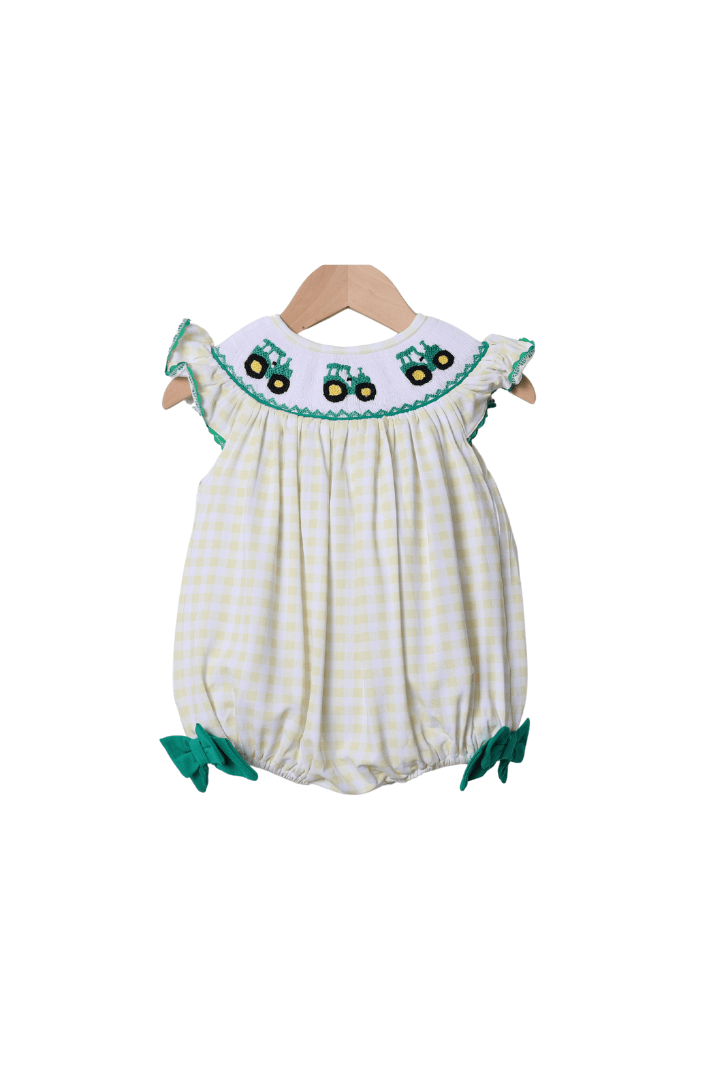 The Smocked Flamingo Apparel & Accessories Smocked Yellow Green Tractor Bow Bubble