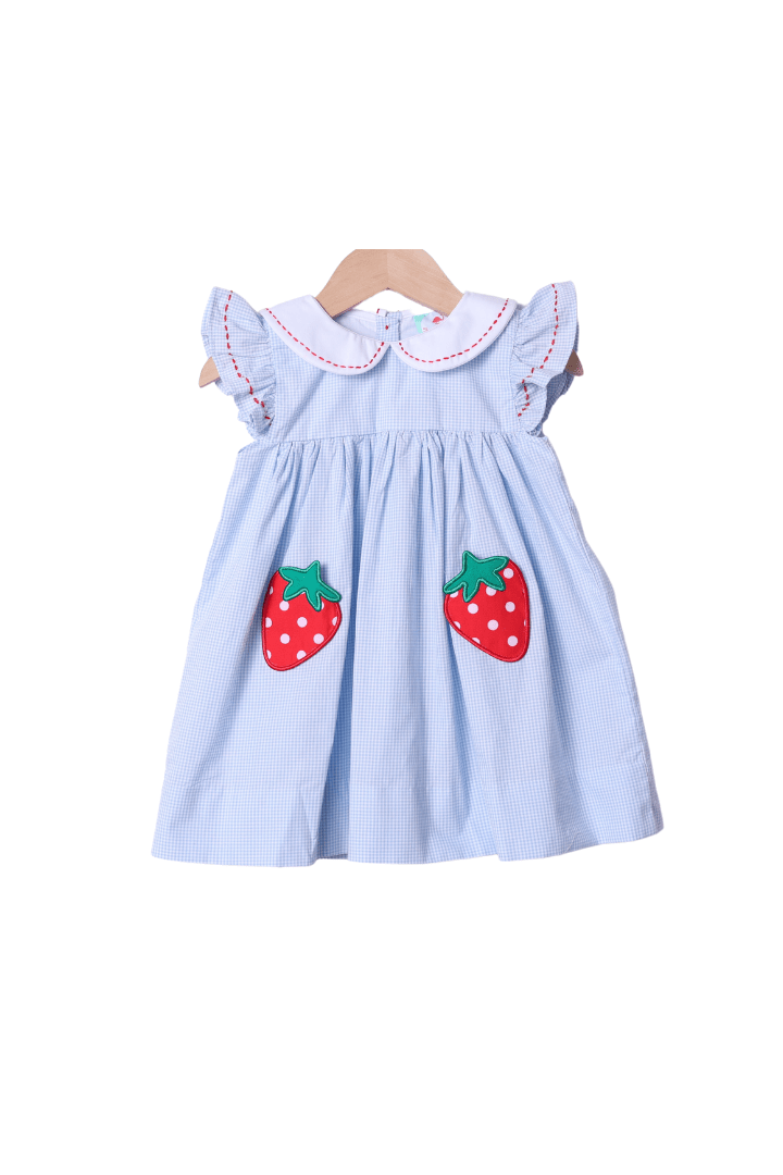 The Smocked Flamingo Apparel & Accessories Strawberry Patch Blue Gingham Dress