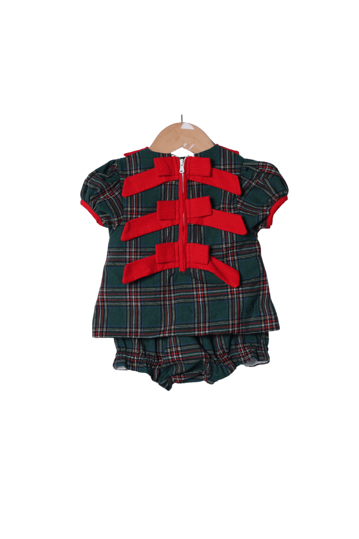 The Smocked Flamingo Apparel & Accessories Tartan Plaid/Red Corduroy Bow Bloomer Set