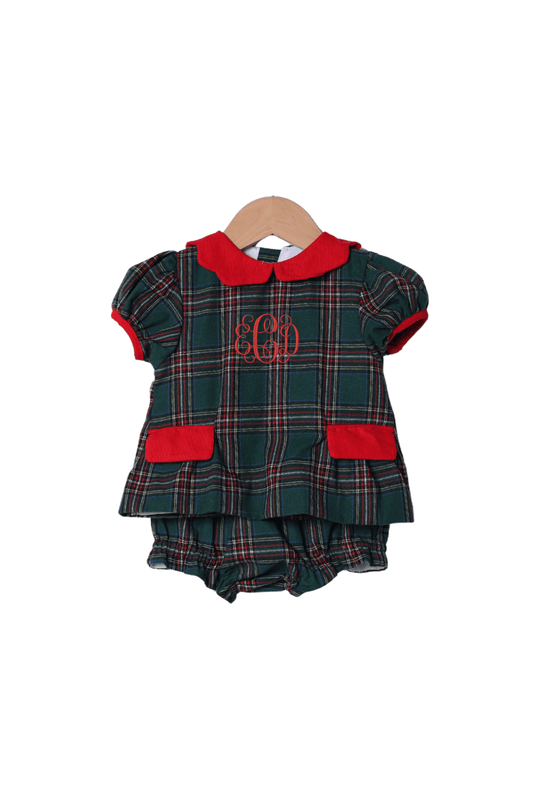 The Smocked Flamingo Apparel & Accessories Tartan Plaid/Red Corduroy Bow Bloomer Set