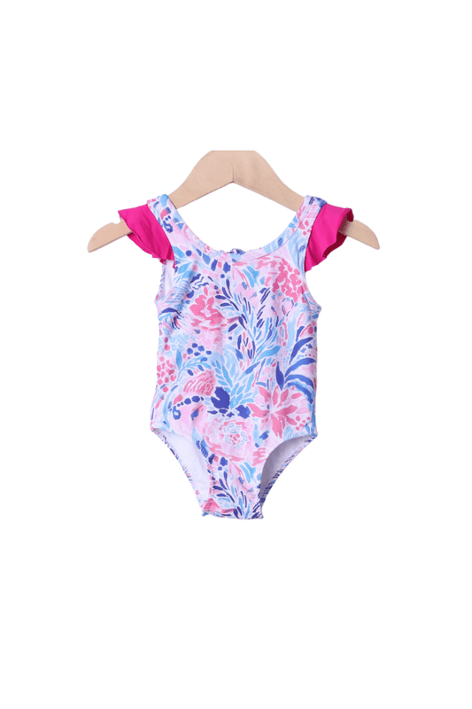The Smocked Flamingo Apparel & Accessories Tropical Floral Ruffle One Piece Swimsuit