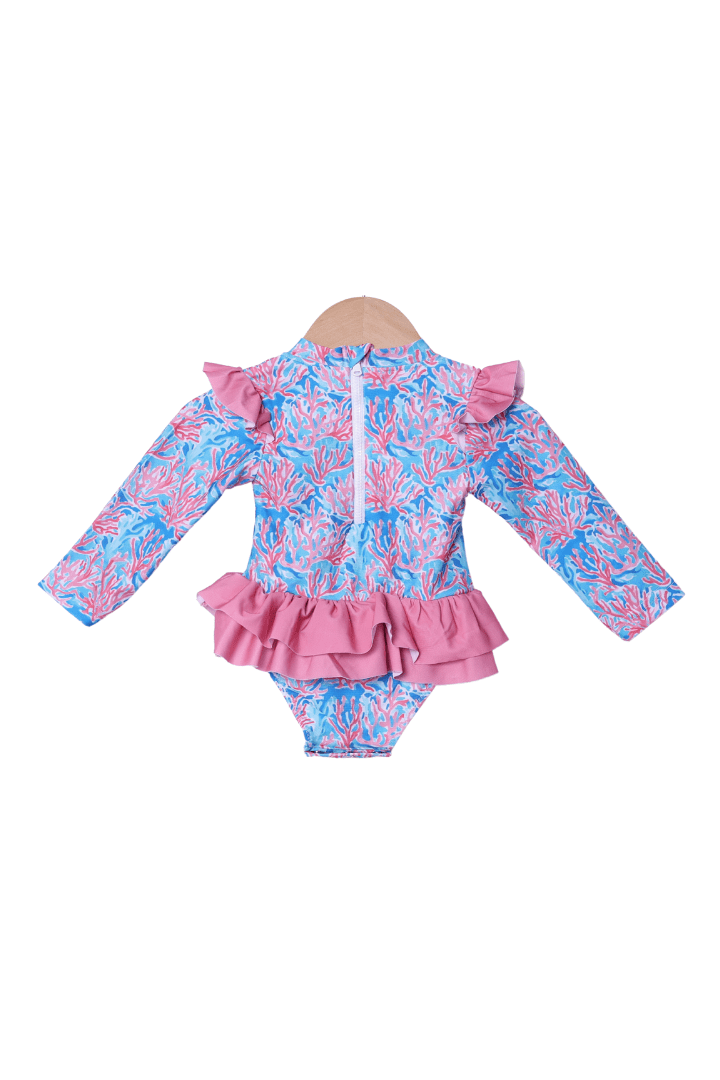 The Smocked Flamingo Apparel & Accessories Tropical Pink Ruffle Rashguard Swimsuit