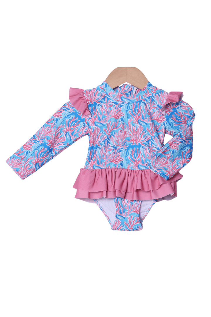 The Smocked Flamingo Apparel & Accessories Tropical Pink Ruffle Rashguard Swimsuit