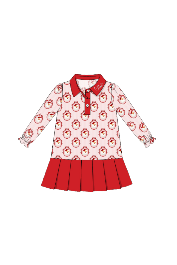 The Smocked Flamingo Apparel & Accessories Vintage Santa Pink and Red Polo Pleated Dress