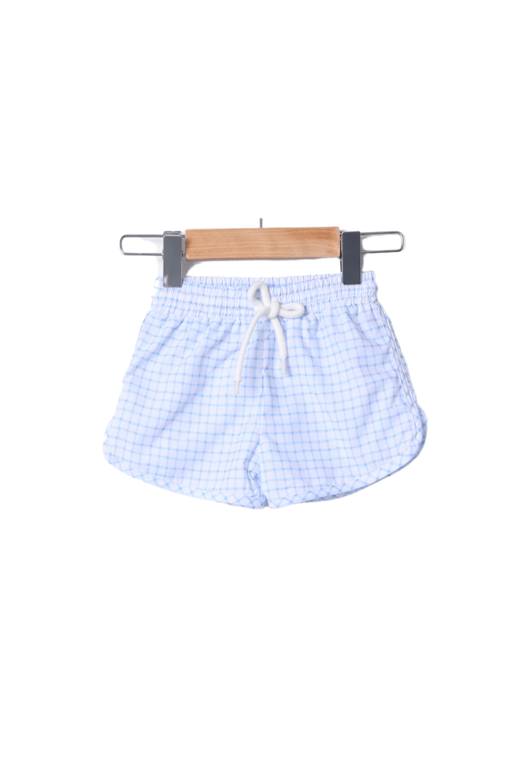 The Smocked Flamingo Baseball Applique Blue Gingham Knit Short Set