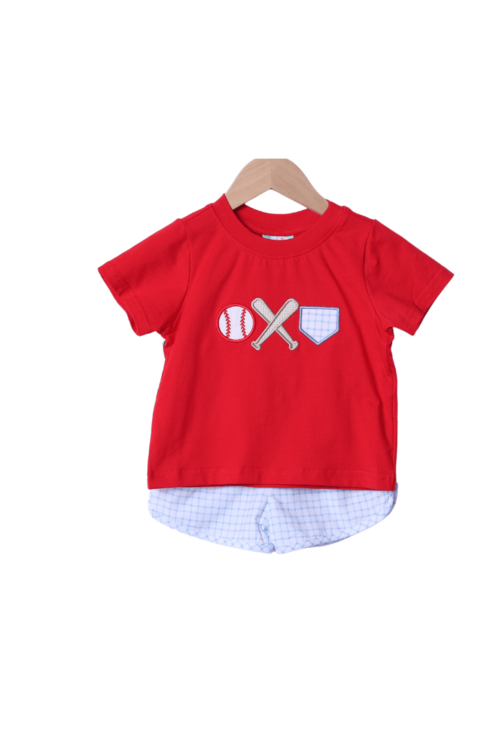 The Smocked Flamingo Baseball Applique Blue Gingham Knit Short Set