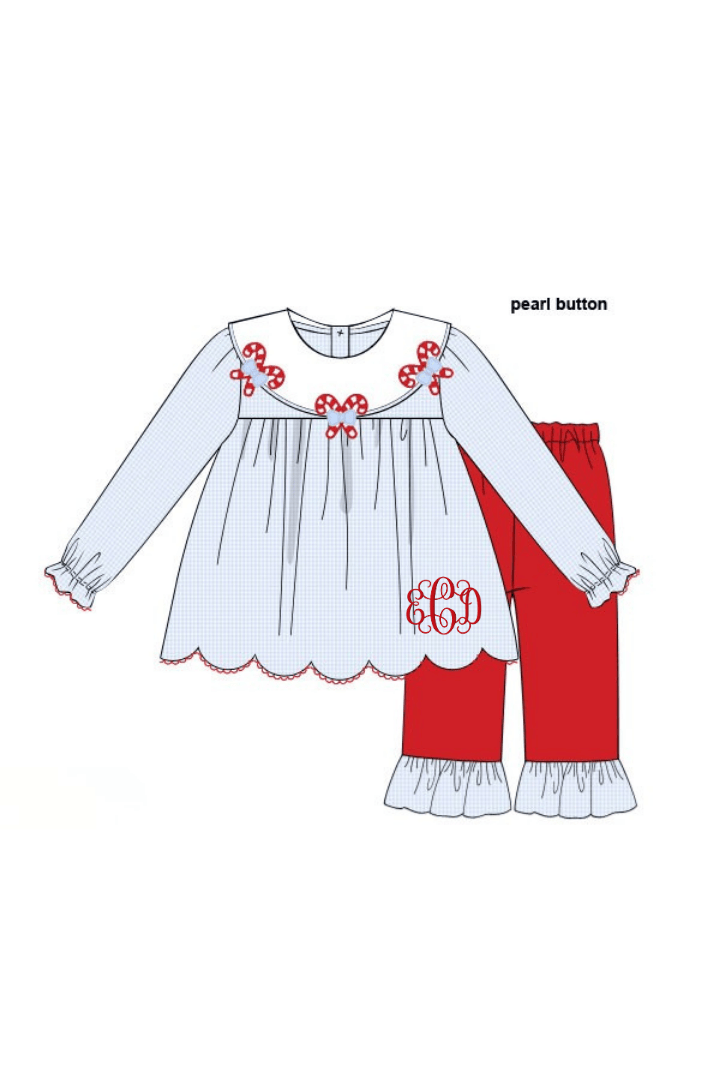 The Smocked Flamingo Children's Clothing Blue Gingham Candy Cane Collar Scalloped Pant Set