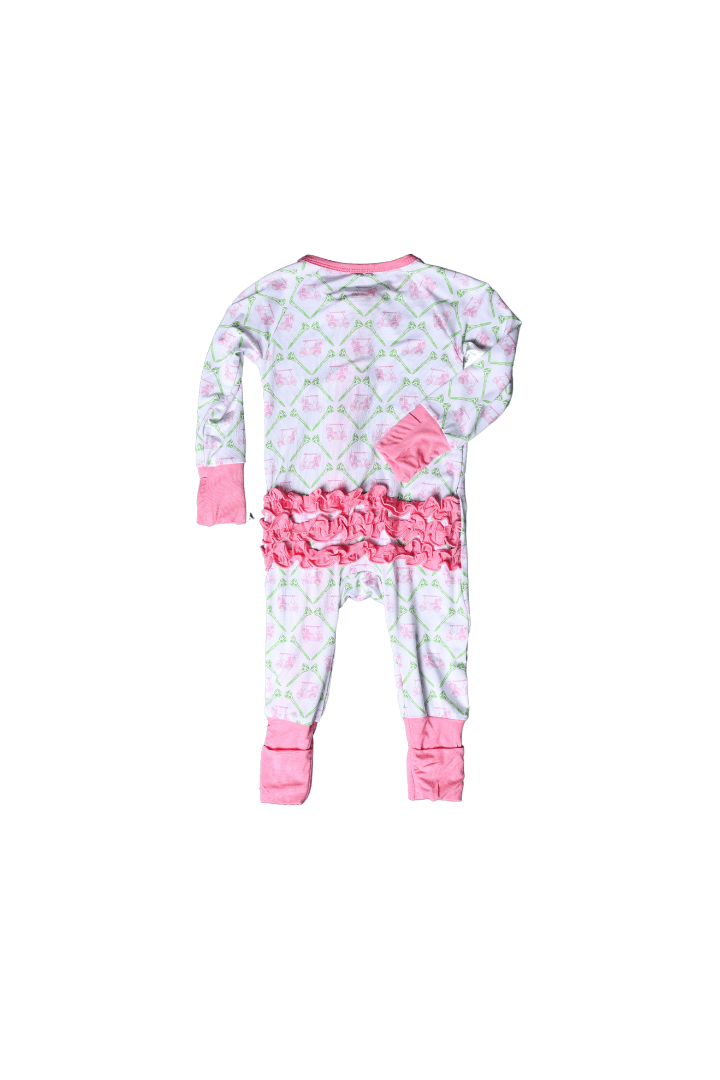 The Smocked Flamingo Children's Clothing Golf Cart Pink Ruffle Bow Bamboo Zippy