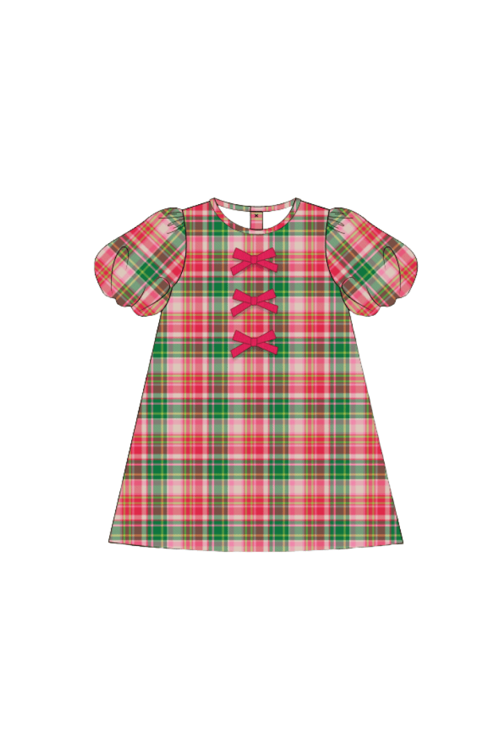 The Smocked Flamingo Children's Clothing Pink Holiday Plaid Puff Sleeve Corduroy Dress