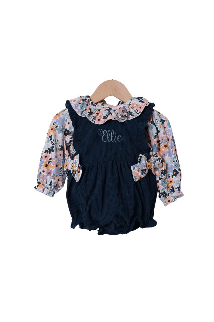 The Smocked Flamingo Children's Clothing Pre-Order Navy Corduroy and Blue Fall Floral 2 Pc Bubble