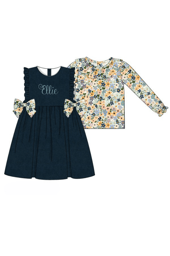 The Smocked Flamingo Children's Clothing Pre-Order Navy Corduroy and Blue Fall Floral 2 Pc Dress