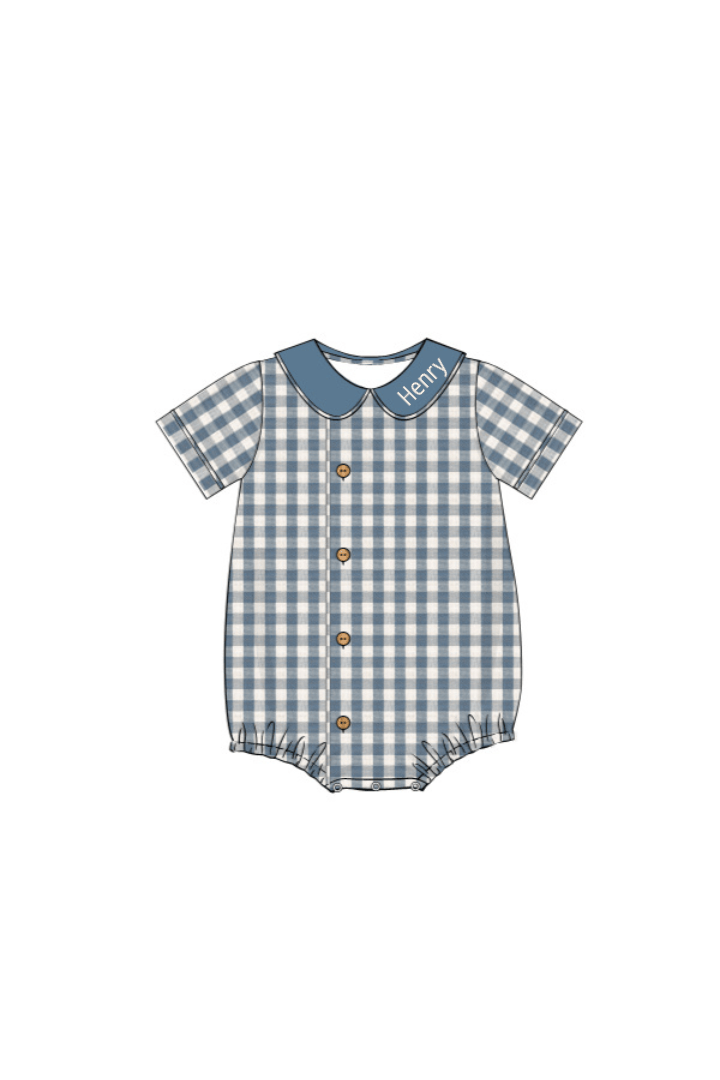 The Smocked Flamingo Children's Clothing Pre-Order Stone Blue Linen Buffalo Check Button Bubble