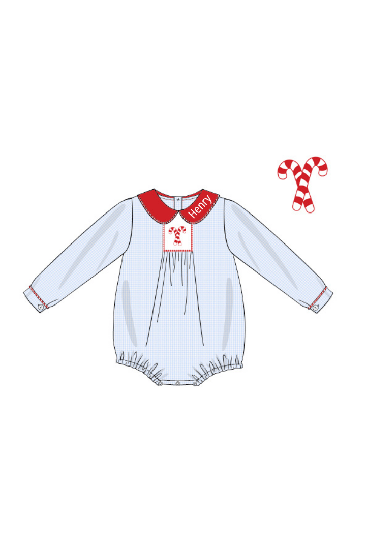 The Smocked Flamingo Children's Clothing Smocked Candy Cane Blue Gingham Bubble