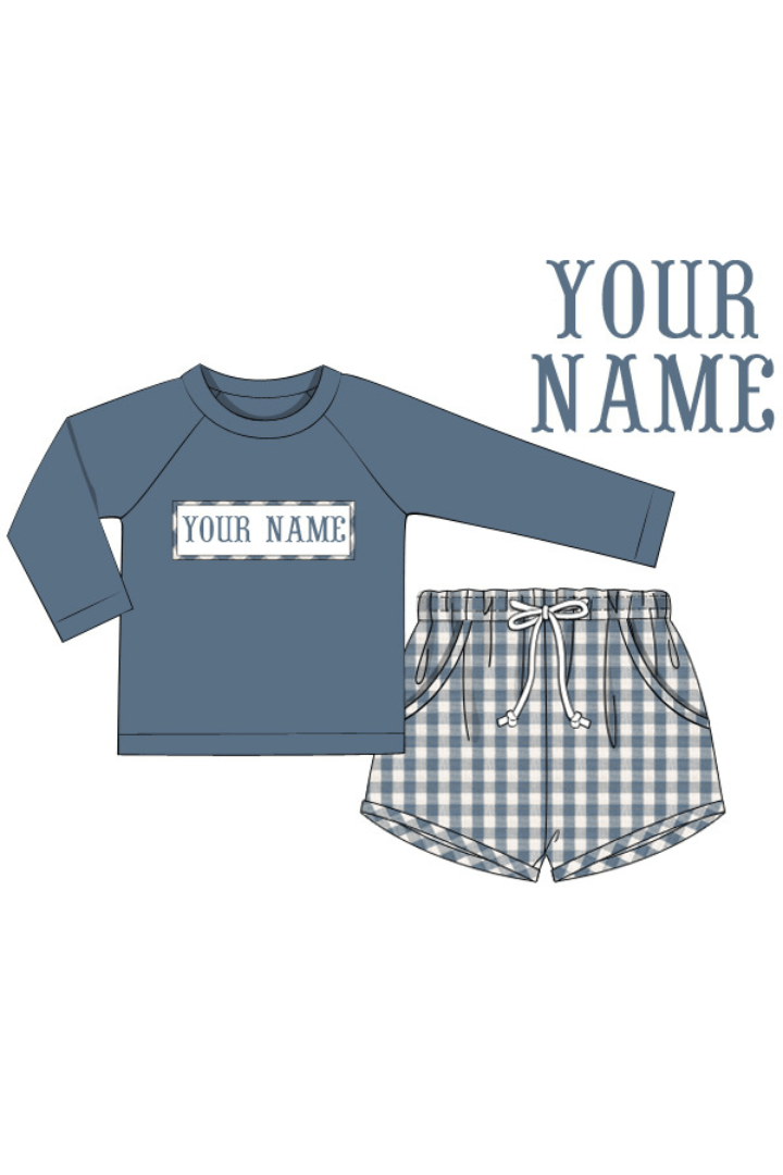 The Smocked Flamingo Copy of Pre-Order Hand Smocked Custom Name Stone Gingham Short Set