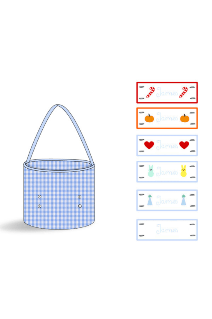 The Smocked Flamingo Embroidered Tab Interchangeable Blue Gingham Treat Basket