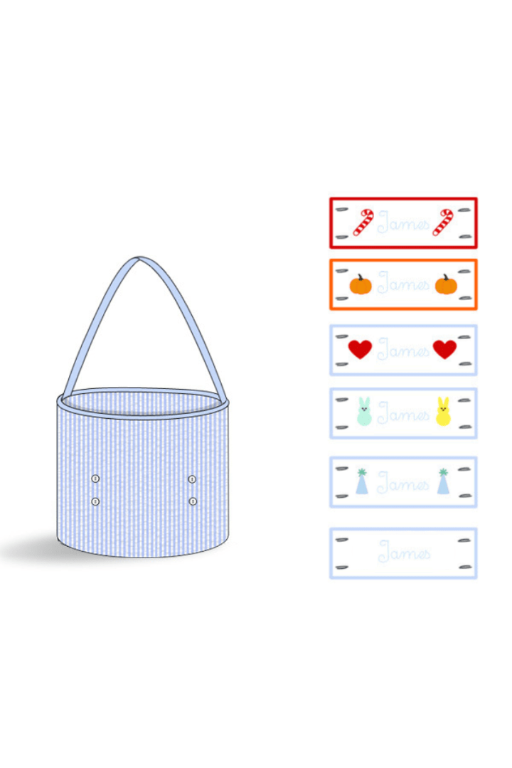 The Smocked Flamingo Embroidered Tab Interchangeable Blue Seersucker Treat Basket