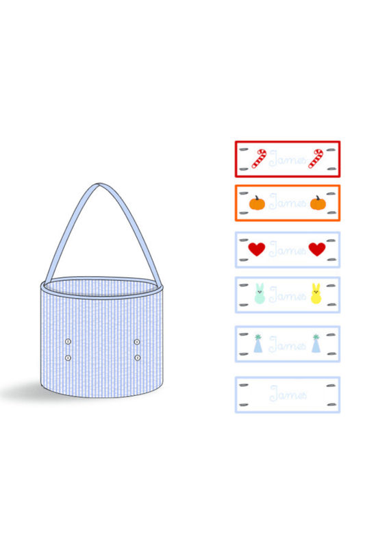 The Smocked Flamingo Embroidered Tab Interchangeable Blue Seersucker Treat Basket