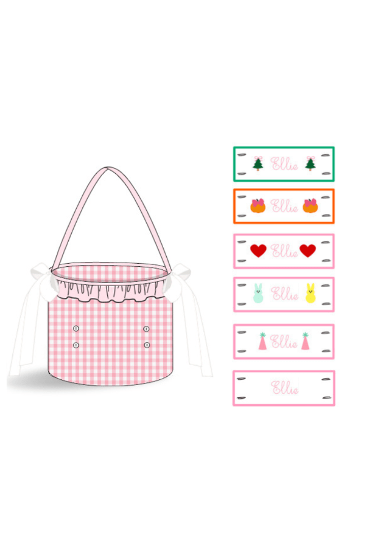 The Smocked Flamingo Embroidered Tab Interchangeable Pink Gingham Treat Basket