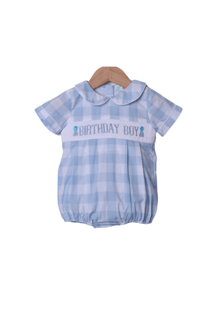 The Smocked Flamingo Hand Smocked Birthday Boy Gingham Bubble