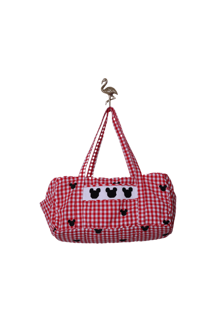 The Smocked Flamingo Hand Smocked Red Gingham Mouse Duffle Bag