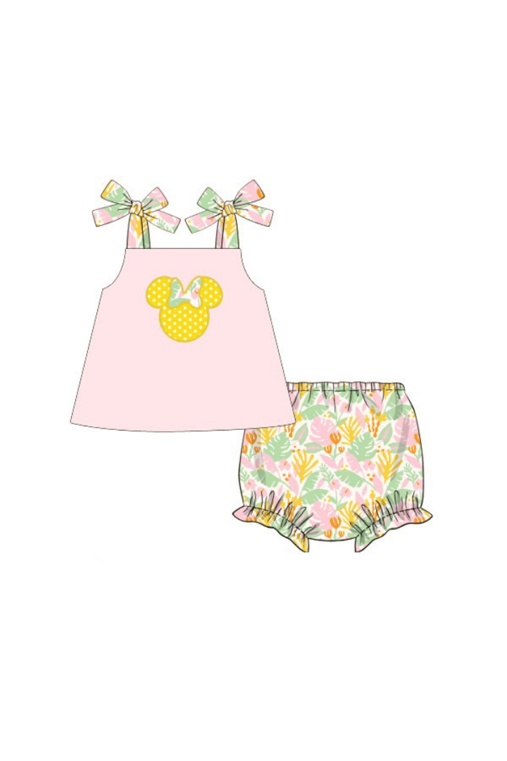 The Smocked Flamingo Pre-Order Applique Mouse Pink Tropical Bloomer Set