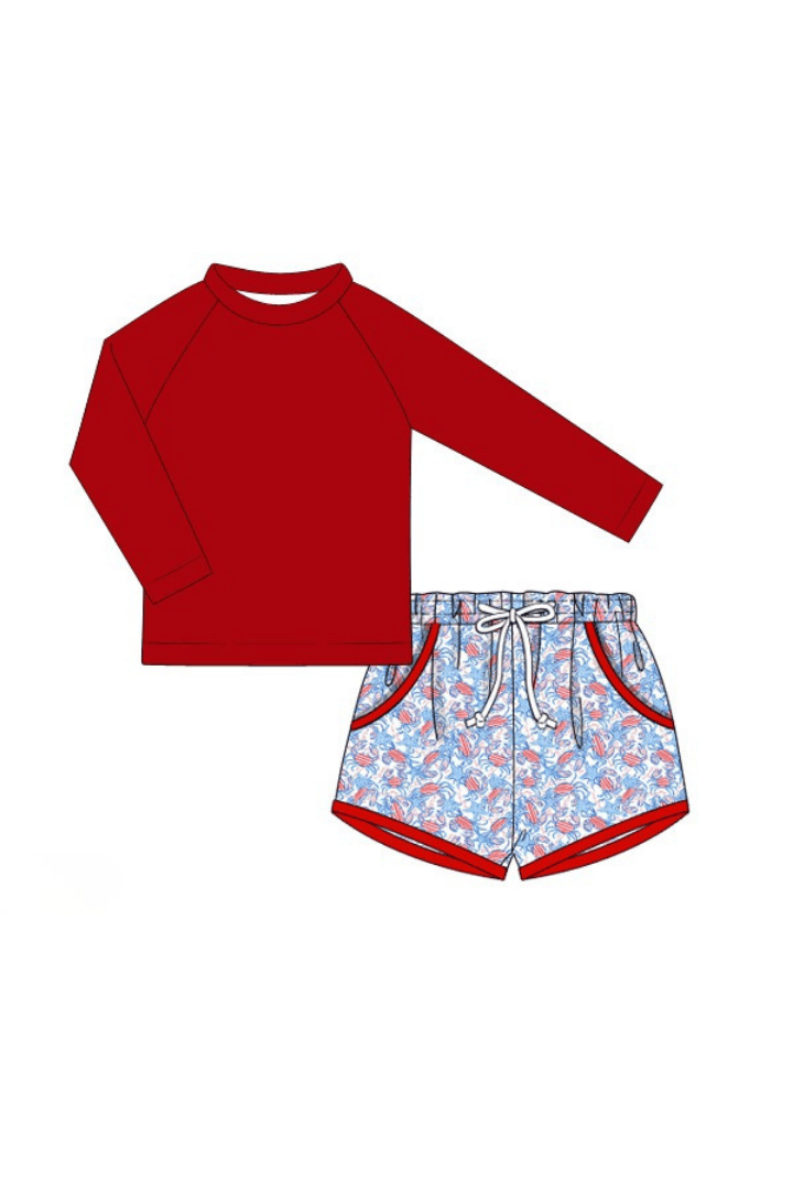 The Smocked Flamingo Pre-Order Crabby Cuties 2pc Rash Guard and Trunks