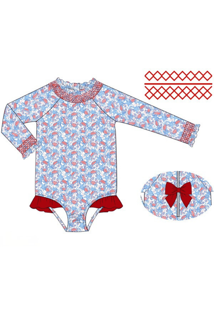 The Smocked Flamingo Pre-Order Crabby Cuties Smocked Swimsuit