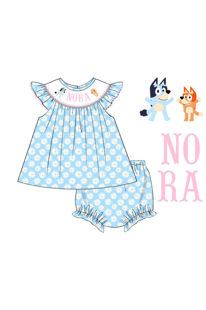 The Smocked Flamingo Pre-Order Custom Hand Smocked Puppy Blue Daisy Bloomer Set