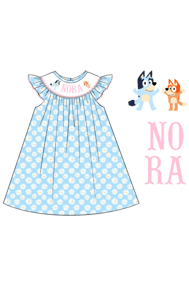 The Smocked Flamingo Pre-Order Custom Hand Smocked Puppy Blue Daisy Dress
