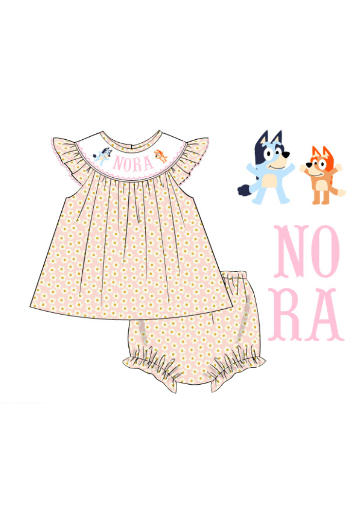 The Smocked Flamingo Pre-Order Custom Hand Smocked Puppy Pink Daisy Bloomer Set