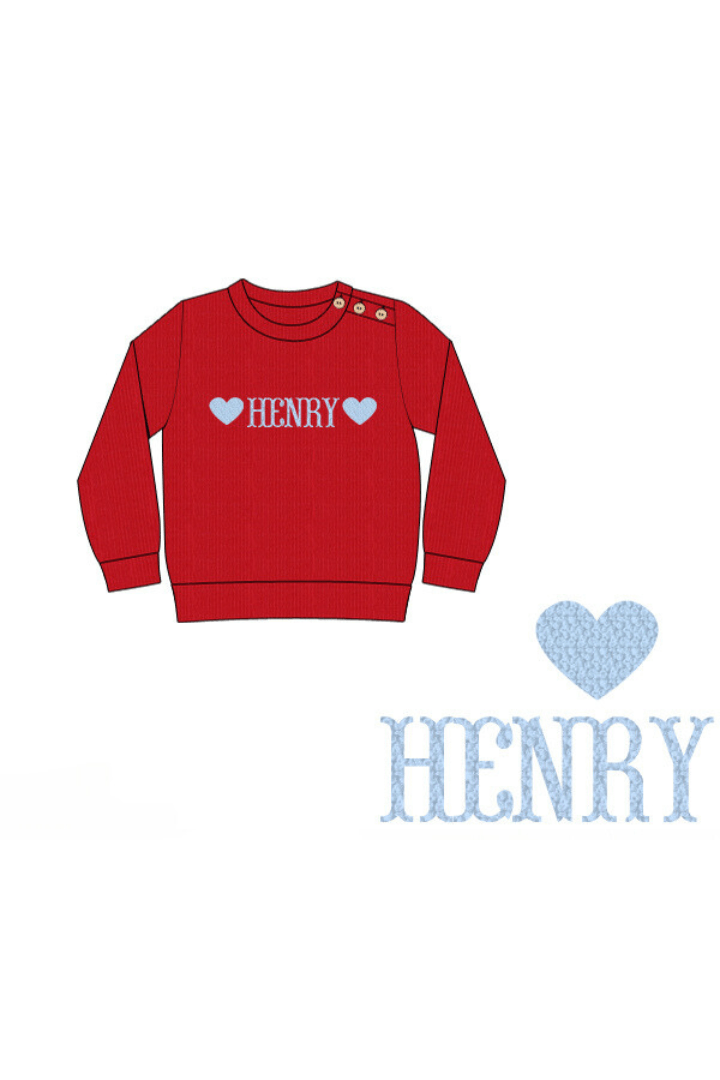 The Smocked Flamingo Pre-Order Custom Name French Knot Red/Blue Cardigan Heart Pullover