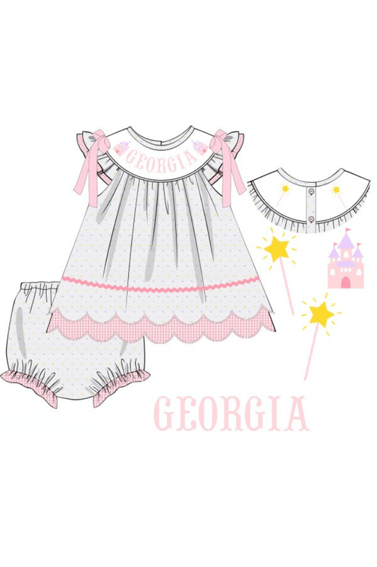 The Smocked Flamingo Pre-Order Custom Name Smock Princess Party Bloomer Set